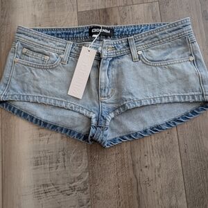 Blue Jean Shorts with Frayed Hem and Light Wash